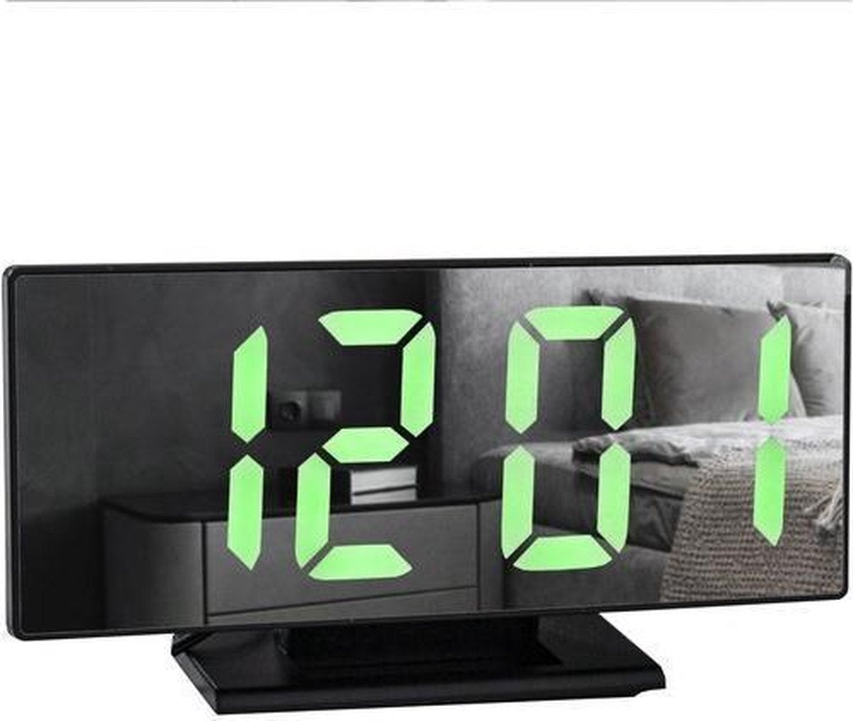 Multifunctionele Digitale Wekker - Spiegel Klok met Wekker en Thermometer - 4 in 1 - Zwart