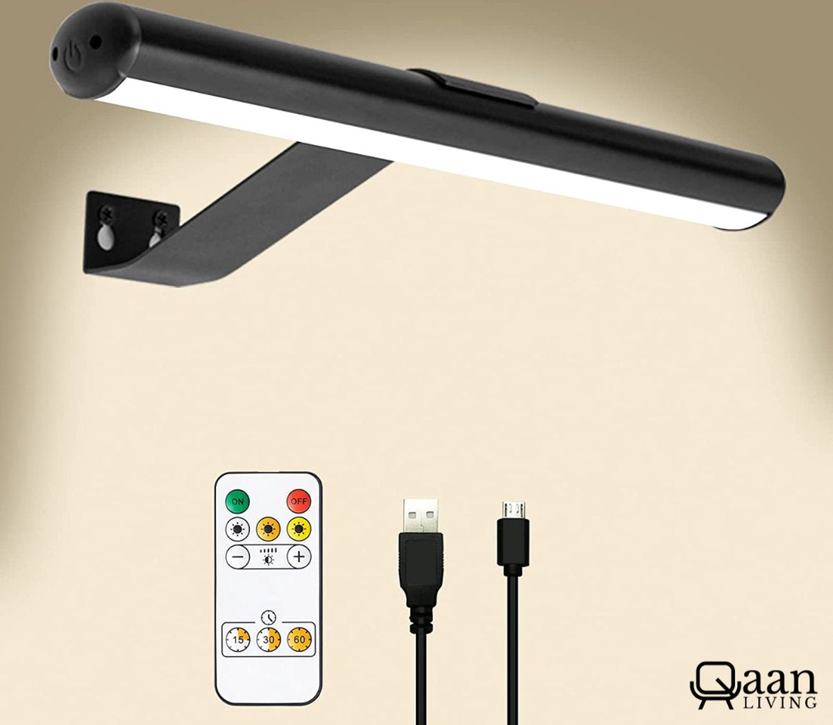 Qaan Living - Draadloze Wandlamp - Draadloze schilderijverlichting - Touch en remote - Dimbaar LED - Zwart
