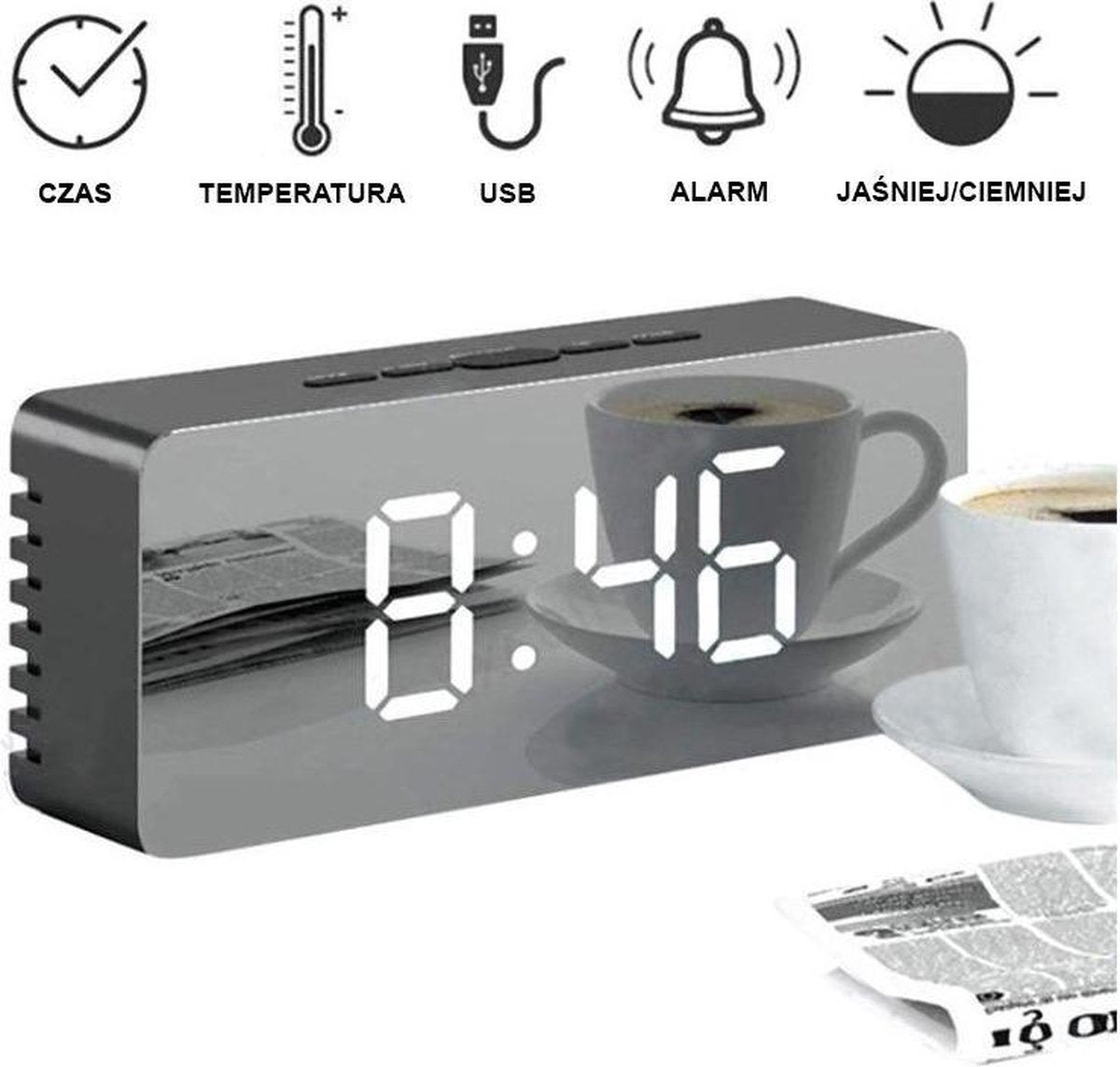 Alarmklok met Spiegel en Thermometer - Zwart